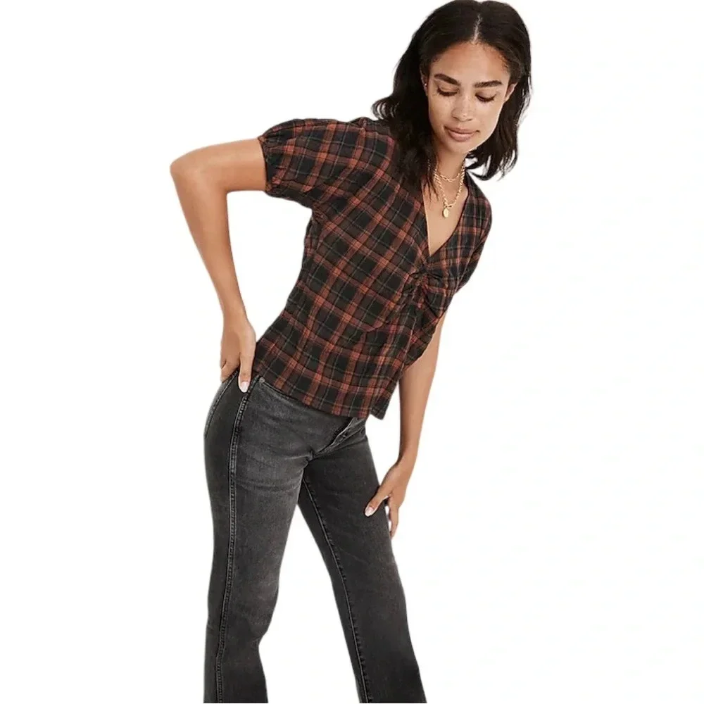 Madewell Gathered V-Neck Top in Fuller Plaid Warm Umber